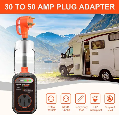 Miniatura 5 de EyGde Adaptador RV de 30 amperios a 50 amperios con protector de sobretensiones, NEMA TT-30P macho a enchufe hembra 14-50R, analizador de circuitos