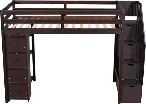 Miniatura 4 de Quarte Cama tipo loft única con cajones de almacenamiento y escaleras, cama alta de madera tamaño individual con estantes y barandillas, para niños