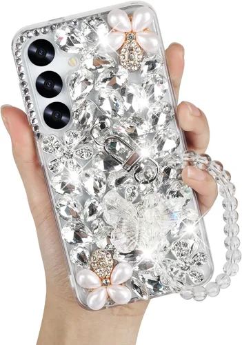 Miniatura 9 de Omio Funda compatible con Samsung Galaxy S22 Ultra Bling con correa de cadena de mano, bonita pulsera de mariposa 3D hecha a mano con purpurina