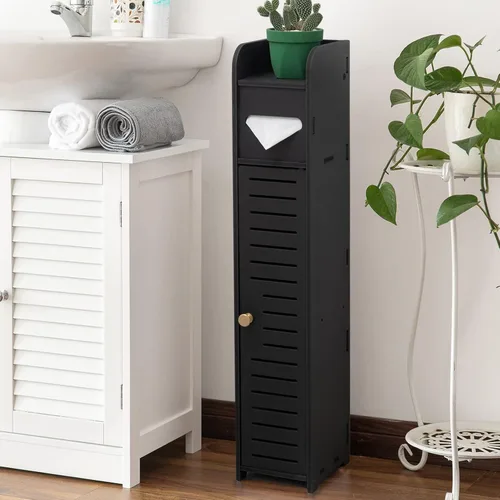 AOJEZOR Gabinete pequeño de almacenamiento para baño: Gabinete para papel higiénico de baño adecuado para rollo pequeño, negro