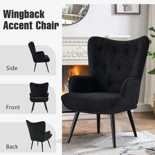 Miniatura 7 de Furniliving Boucle - Silla decorativa para sala de estar, silla de lectura tapizada con respaldo alto, sillón con respaldo alado con botones Negro-2