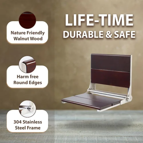 Miniatura 5 de Asiento de ducha plegable montado en la pared con respaldo Capacidad de carga máxima de 500 libras Asiento de ducha de teca compatible con ADA