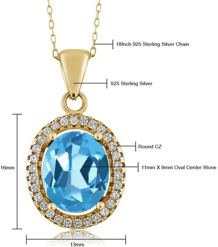 Miniatura 36 de Gem Stone King Collar con colgante de plata chapada en oro amarillo de 18 quilates de 0.433 x 0.354 in con piedra natal ovalada para mujer