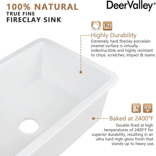 Miniatura 3 de DeerValley - Fregadero de cocina de montaje inferior de 32 pulgadas, fregadero de arcilla refractaria blanca, fregadero de cocina profundo de un