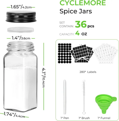 Miniatura 2 de CycleMore Paquete de 36 tarros de especias de vidrio de 4 onzas, recipientes cuadrados para especias con tapas de metal negro y tapa para verter