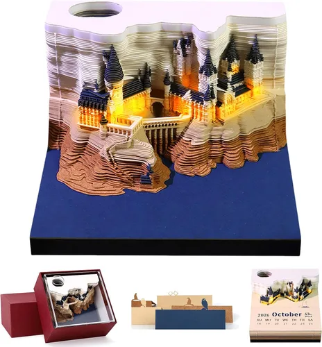 Calendario 3D 2026 – Calendario de tiempo, calendario de escritorio 2026, bloc de notas, castillo mágico, bloc de notas 3D, notas adhesivas Bloc de