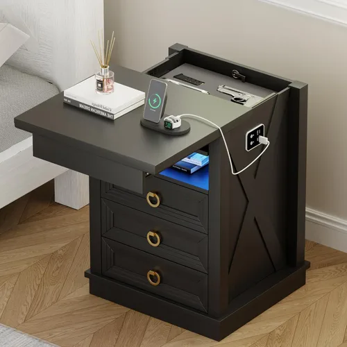 Lvifur Mesita de noche de granja con cajón de armas, mesa de noche LED con sensor humano con luces LED y estación de carga, mesa auxiliar auxiliar