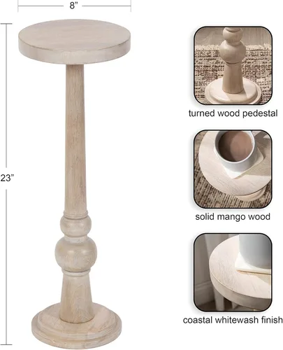 Miniatura 3 de Kate and Laurel Wegner Coastal Mesa Redonda de Madera para Bebidas, 8 x 23 pulgadas, Blanqueado, Mesa de Pedestal Elegante y Duradera para Usar como