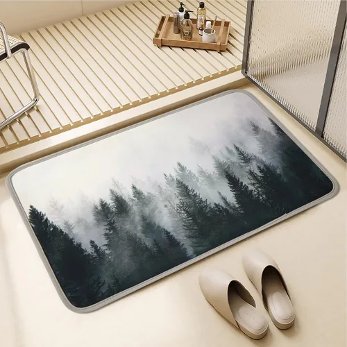 ORTIGIA Misty Forest Alfombra de Baño, Tapete de Baño Negro Delgado de 16x24 pulgadas, Tapete de Puerta, Tapete de Piso, Absorbente, de Secado
