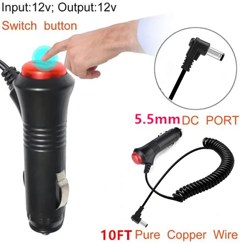 Miniatura 2 de Adaptador de fuente de alimentación para encendedor de cigarrillos de coche 12V/24V, enchufe macho, cable de extensión de 3 m con botón