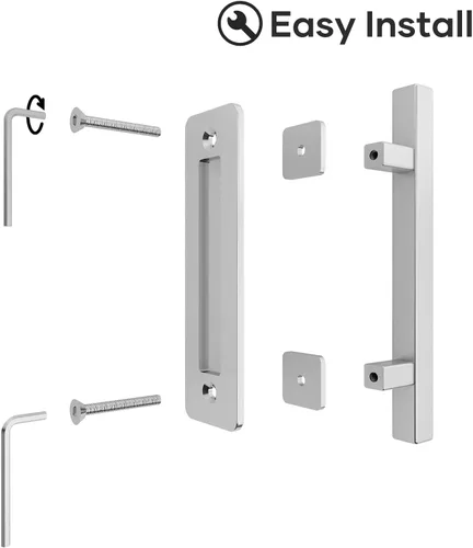 Miniatura 2 de EaseLife Tirador de acero inoxidable de 12 pulgadas para puerta corrediza de granero con juego de accesorios empotrados, doble cara, acabado Plateado