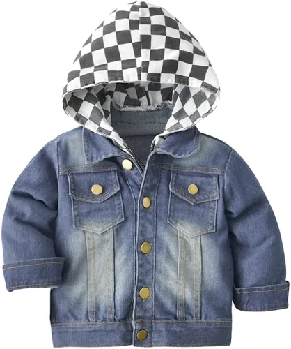 Miniatura 15 de IBAKOM Chaqueta de mezclilla para niña, chaqueta de mezclilla azul para niños, con botones, otoño e invierno, abrigo con capucha rasgada, ropa