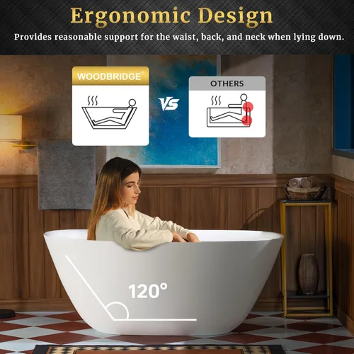 Miniatura 10 de WOODBRIDGE Bañera independiente de 55 pulgadas x 31.5 pulgadas de resina de piedra de lujo y superficie sólida contemporánea en blanco mate