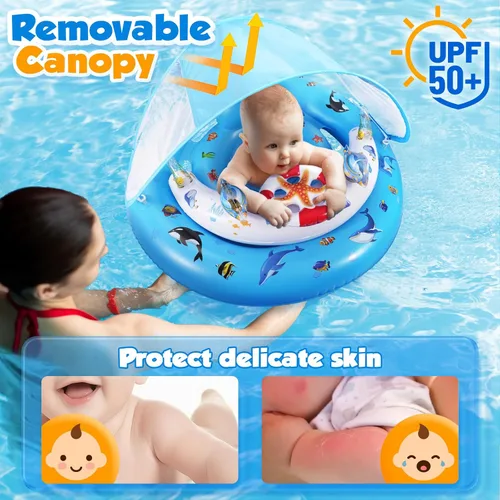 Miniatura 3 de Flotador de piscina para bebé con dosel de protección solar UPF50+, flotadores inflables para piscina de niños con consola de juego para bebé de 6 a