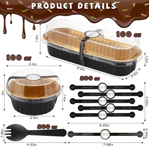 Miniatura 2 de Suclain 600 piezas de mini moldes para pan negros y dorados con tapas y cucharas, calcomanías de sellado de 6.8 onzas, papel de aluminio desechable