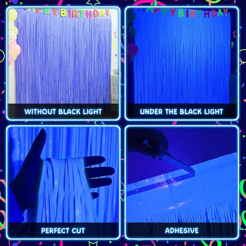 Miniatura 6 de Suministros de fiesta Mega-Loopolis con brillo en la oscuridad, pack de 2 decoraciones de fiesta neón de 6.6 x 6.6 pies, cortinas de flecos de papel
