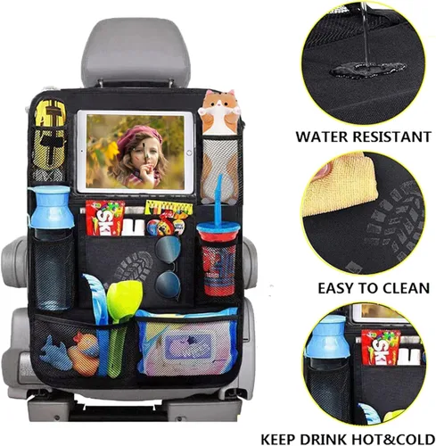 Miniatura 3 de Organizador de asiento trasero de automóvil con soporte para tableta, 1 protector de asiento trasero con 9 bolsillos de almacenamiento, accesorios