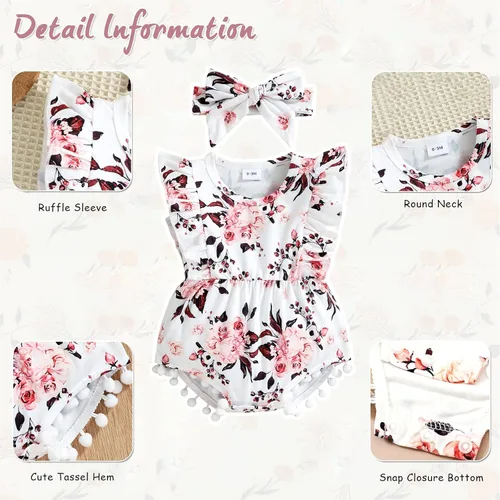 Miniatura 4 de Hascloth Newborn Baby Girl Romper Infant Tassel Bodysuit Floral Dress Shorts Jumpsuit Ruffle Sleeveless Onesie Clothes Outfit