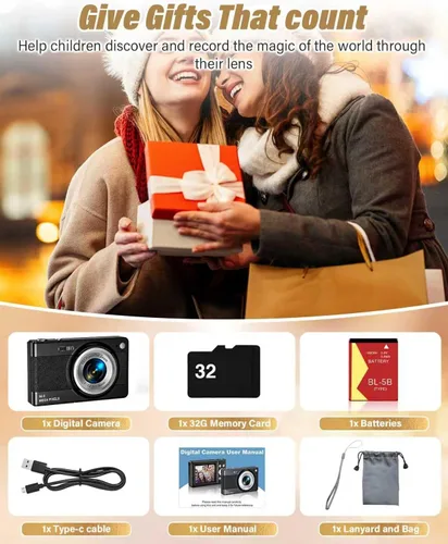 Miniatura 7 de Nueva cámara digital 2025, 56MP FHD 1080P para niños con zoom digital de 16x, antivibración, detección facial, captura de sonrisas, tarjeta TF de 32