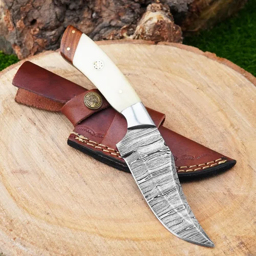 Miniatura 7 de Cuchillo de caza de Damasco hecho a mano de 8.25 pulgadas - Cuchillos de hoja fija con mango de hueso y funda de cuero - Cuchillo personalizado