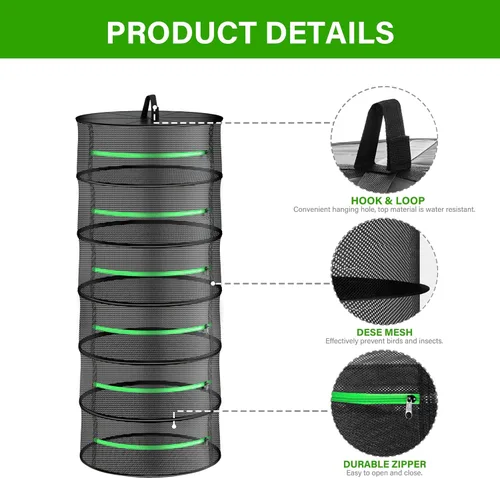Miniatura 3 de iPower Red de secado plegable de malla para hierbas de 2 pies y 6 capas con cremalleras, anillo resistente para plantas hidropónicas, bolsa