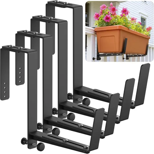 VOXOR Soportes de caja de ventana, soportes ajustables para jardineras, soportes de hierro resistente para barandillas, con soporte inferior Negro