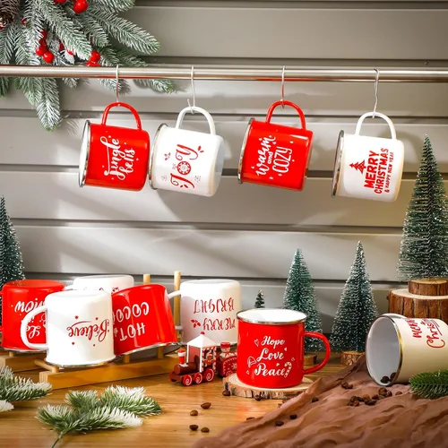 Miniatura 7 de Juego de 12 tazas de café de Navidad, tazas de esmalte blanco y rojo de 12 oz, tazas novedosas divertidas para las fiestas, para mujeres, hombres