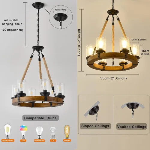 Miniatura 6 de Candelabro de iluminación de rueda de carro, 6 luces con pantalla de vidrio semillado, lámpara redonda de madera para cocina, isla de vestíbulo