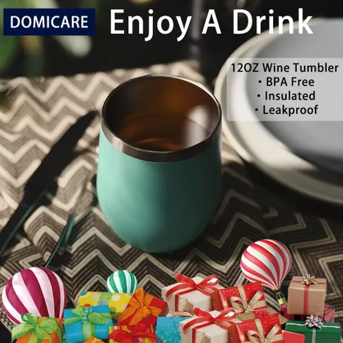 Miniatura 6 de DOMICARE - Juego de 8 vasos de vino de 12 onzas con tapa, hechos de acero inoxidable con aislamiento al vacío de doble pared, color celeste Azul