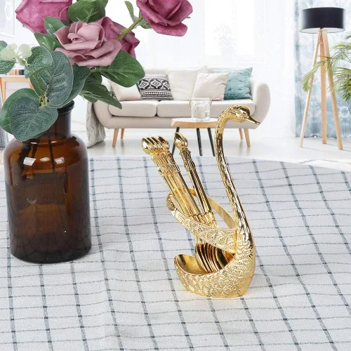 Miniatura 3 de Kit de cuchara de café con soporte en forma de cisne de aleación de zinc y 6 cucharas de café de acero inoxidable, juego de cucharas de comida
