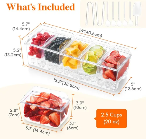 Miniatura 2 de Lifewit Set para servir barra de tacos para fiesta con 5 contenedores (2.5 tazas) y componentes, organizador grande refrigerado con hielo