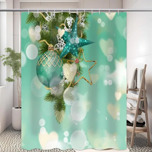 Miniatura 6 de Cortina de ducha de Feliz Navidad para baño, Nochebuena, Año Nuevo, arte bokeh verde, juego de cortina de ducha moderna de Navidad, cortina de ducha