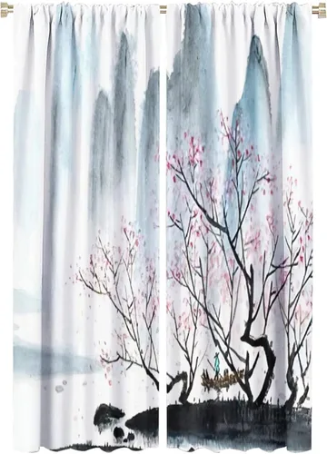 Miniatura 14 de Cortina japonesa con diseño de cerezo en flor, montañas, río, nubes, pinos, paisaje, naturaleza, asiático, anime, oscurecimiento de habitación