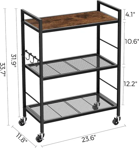 Miniatura 7 de Estante de almacenamiento de metal de 3 niveles con ruedas industriales, estantería de malla con mesa de madera, estante ajustable, 23.6 pulgadas