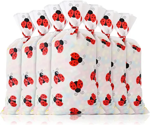 Miniatura 4 de Lecpeting 100 bolsas de golosinas de mariquita y celofán, bolsas de dulces de mariquita con lazos giratorios para suministros de fiesta
