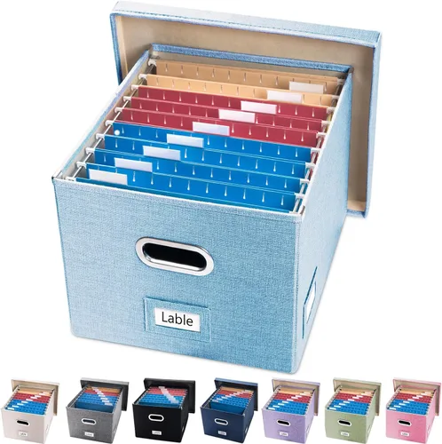 Miniatura 26 de PRANDOM Caja Organizadora de Archivos - Juego de 2 Cajas Plegables Decorativas de Lino para Almacenamiento de Archivos Colgantes con Tapas para Gris