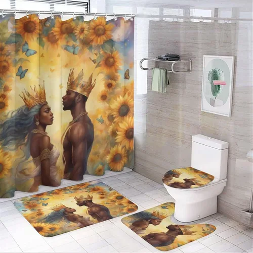 Miniatura 2 de Juego de alfombras de baño Afro Black King Queen Romantic Love de 3 piezas con diseño de mariposa antideslizantes para suelo de baño, suaves