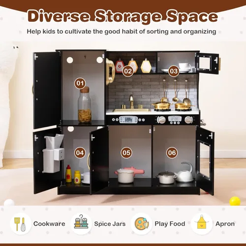 Miniatura 7 de HONEY JOY Juego de Cocina para Niños, Conjunto de Cocina de Juguete de Madera Pequeño Chef de Simulación con Pizarra, Teléfono, Utensilios, Horno