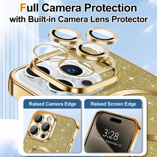Miniatura 3 de Hython Funda para iPhone 15 Pro Max con purpurina, fundas magnéticas transparentes para teléfono con protector de lente de cámara