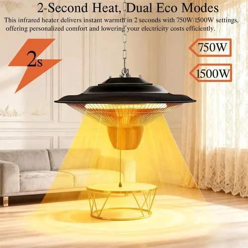 Miniatura 3 de Calentador eléctrico infrarrojo colgante, calentador montado en el techo de 1500 W para exteriores e interiores, IP34 impermeable y silencioso, sin