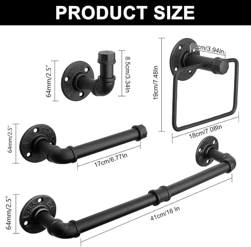 Miniatura 6 de Kit de Anillo de Toalla Jeasor de 4 Piezas de Tubo Industrial para Baño, Kit de Accesorios de Montaje en Pared DIY Incluye Gancho para Bata, Barra