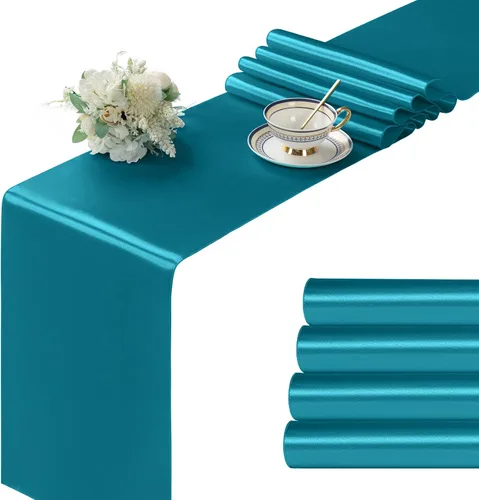 Miniatura 25 de Manyshofu 24 Piezas Caminos de Mesa de Satén Plateado – Tamaño Largo de 12 x 108 Pulgadas, Decoración de Camino de Mesa para Fiestas Brillante