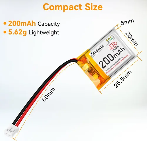 Miniatura 6 de Batería Lipo de 3.7 V 200 mAh 502025 Batería recargable de polímero de litio con conector Micro JST 2.0 Circuito de protección integrado