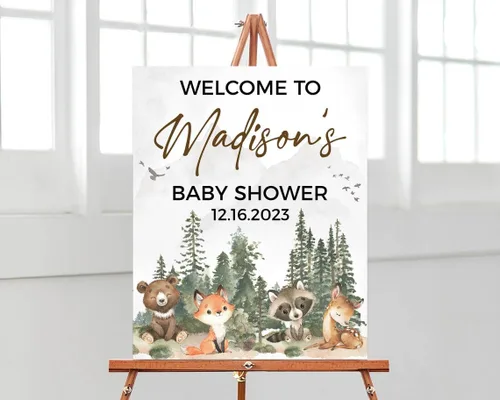 Miniatura 7 de Letrero de bienvenida de baby shower, letrero de bienvenida de baby shower de bosque, decoración de baby shower de bosque, cartel de baby shower