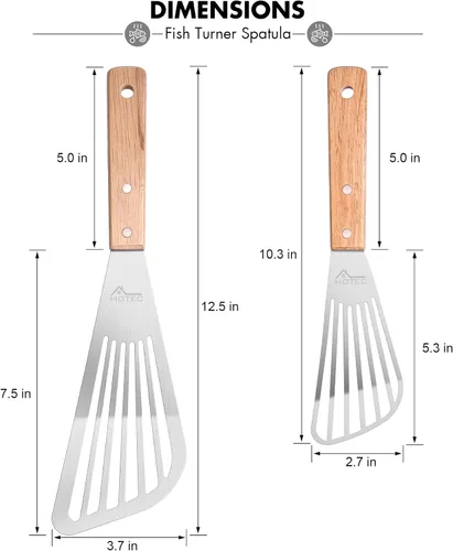 Miniatura 2 de HOTEC 2 piezas Espátula de pescado de acero inoxidable con mango de madera, espátula de metal para voltear alimentos