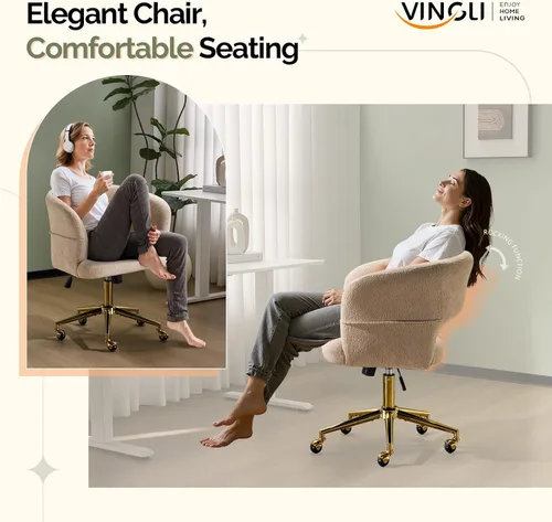 Miniatura 3 de VINGLI Silla Moderna Curvada de Oficina y Tocador, Bonita Silla Tapizada con Tachuelas con Ruedas y Giro de 360° y Club y Reclinable y Base Dorada