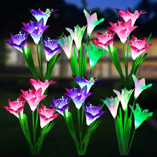 WdtPro - Luces solares decorativas para jardín al aire libre, paquete de 6 unidades, luces solares impermeables para jardín con 24 flores de lirio,
