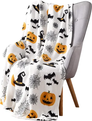 Miniatura 23 de Manta de Halloween: Jack O Lantern, calabazas, fantasmas blancos y telarañas en suave forro polar de terciopelo negro para sofá, sillas y cama Ghost