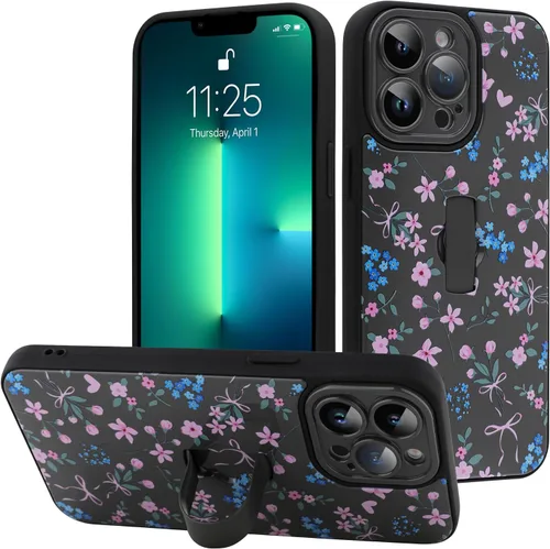 Miniatura 8 de Funda diseñada para iPhone 17 Pro Max con soporte plegable y correa para dedos, bonito patrón de lazo de corazón de flor rosa para mujeres y niñas