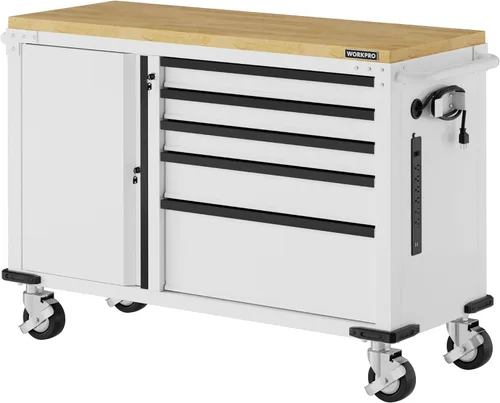 WORKPRO Cofre de herramientas rodante de 52 x 20 pulgadas, con 5 cajones y 1 puerta, baúl de herramientas resistente con ruedas, regleta de Madera